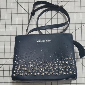 Michael Kors Dark Blue Crossbody Bag with Silver Accents